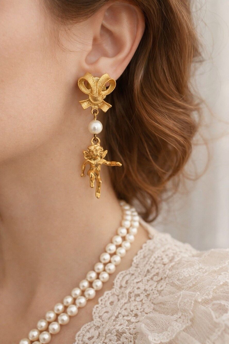 Gold Cherub Drop Earrings Bow Pearl Dangle Baroque Rococo Vintage